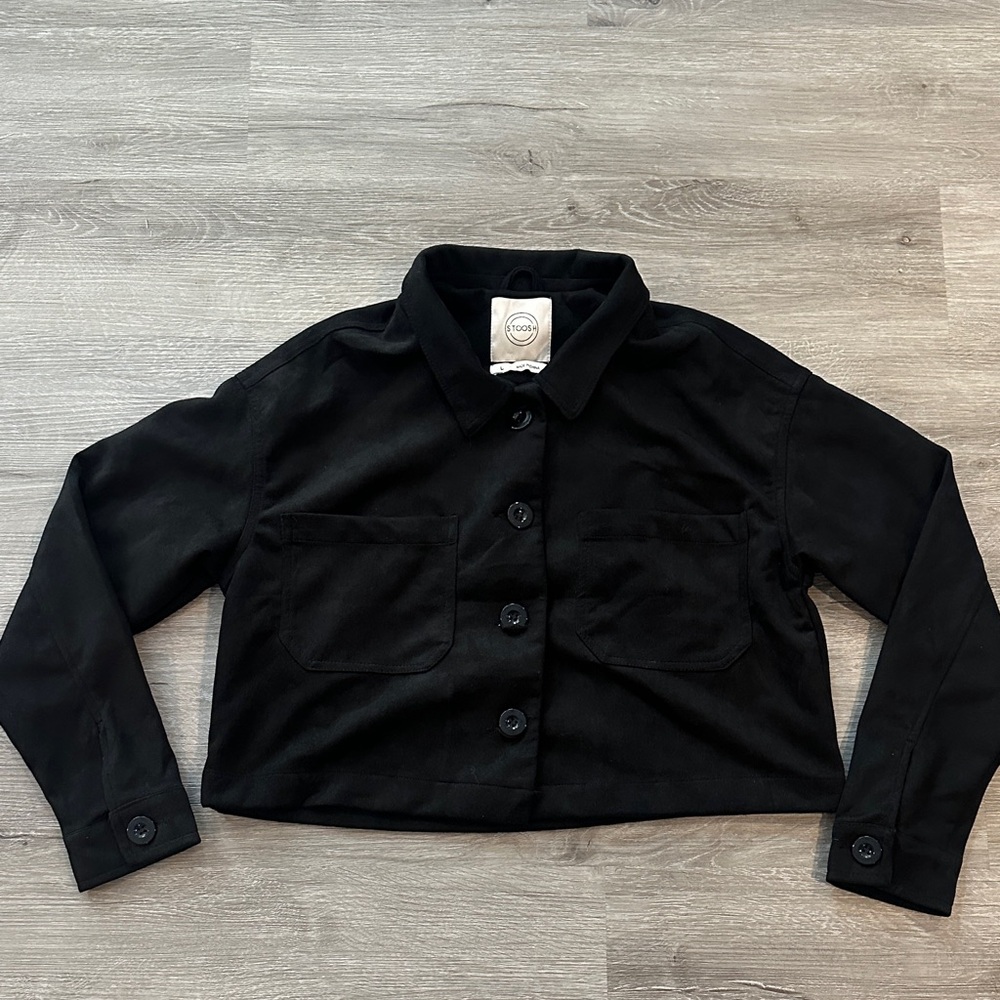 Black Cropped Button-Up Jacket suede